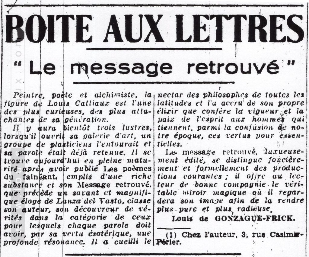 L. de Gonzague Frick in rubrique « Boîtes-aux-lettres » journal quotidien « L’Ordre »