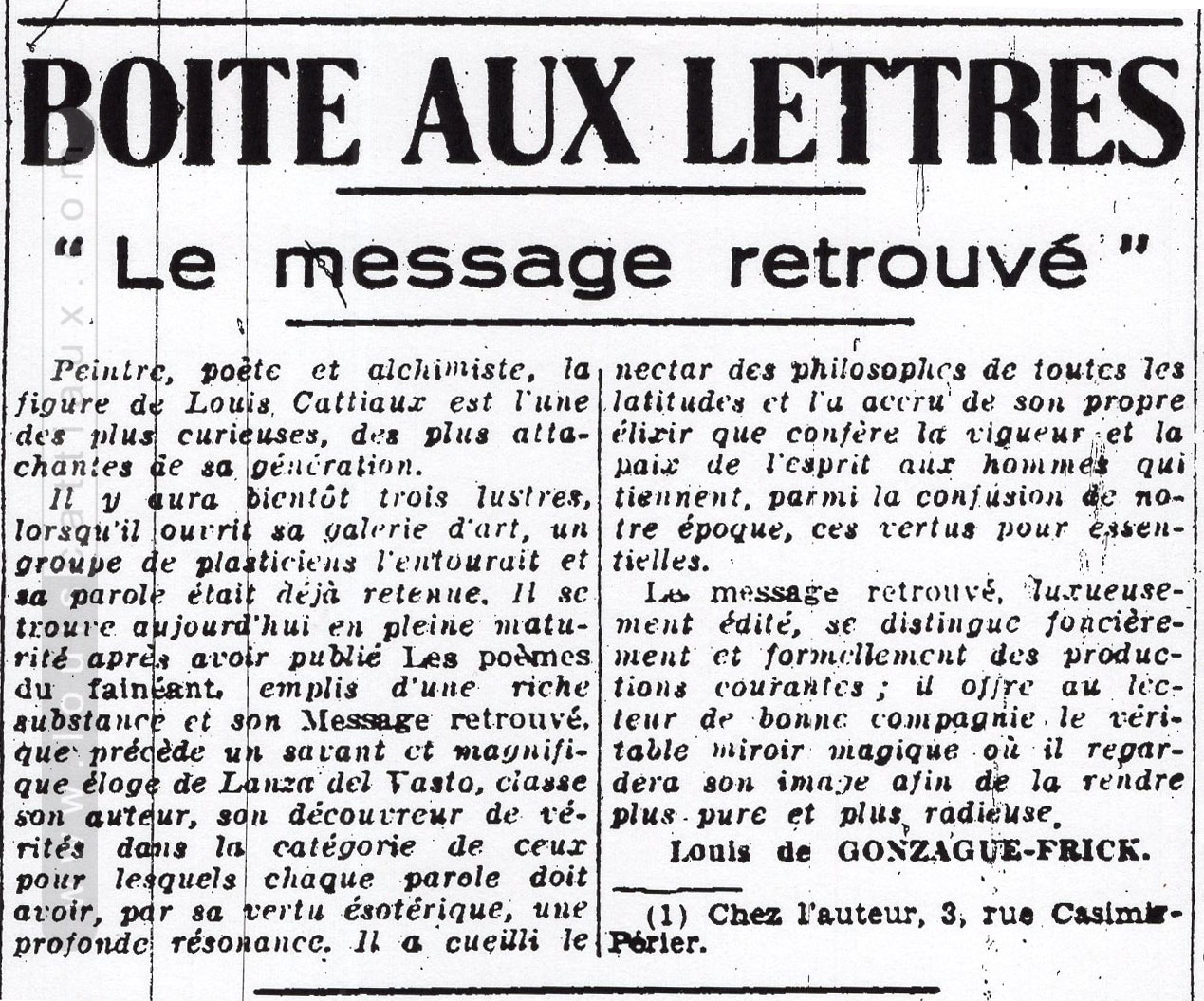 L. de Gonzague Frick in rubrique « Boîtes-aux-lettres » journal quotidien « L’Ordre »