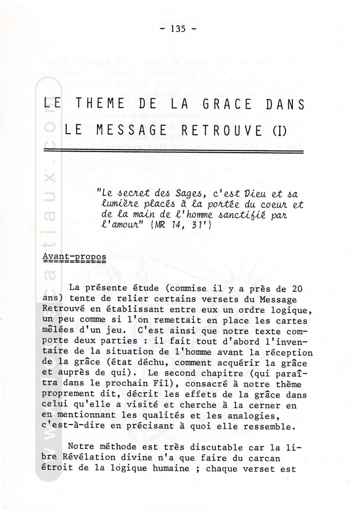 Le thème de la grâce dans « Le Message Retrouvé », 1992